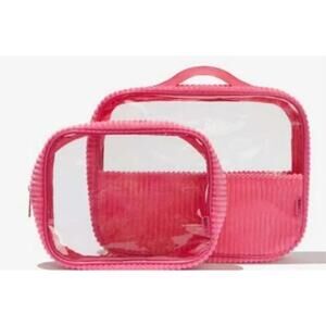 Beach Riot Travel Duo – Ribbed Pink Clear Pouches With Zip NEW